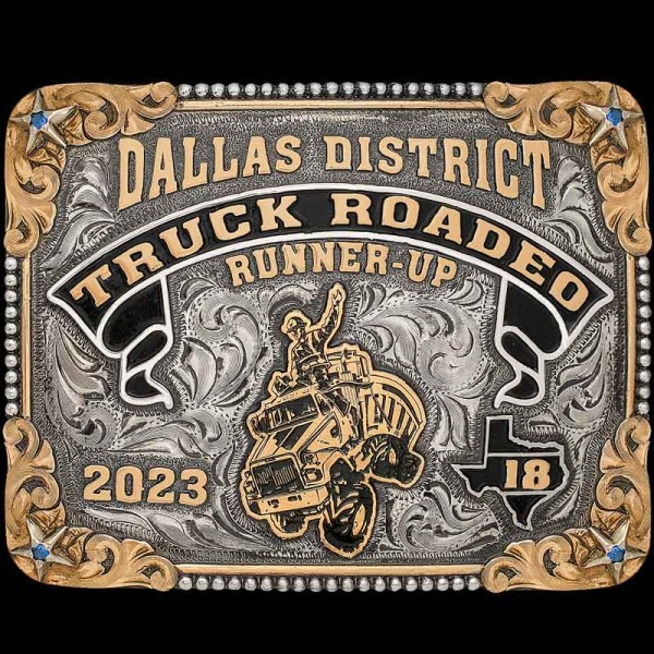 TRUCKER RODEO, The 'Trucker Rodeo' is a our best selling "Stillwater' but with a twist! Built on a beautiful, hand engraved base, this buckle is detailed with